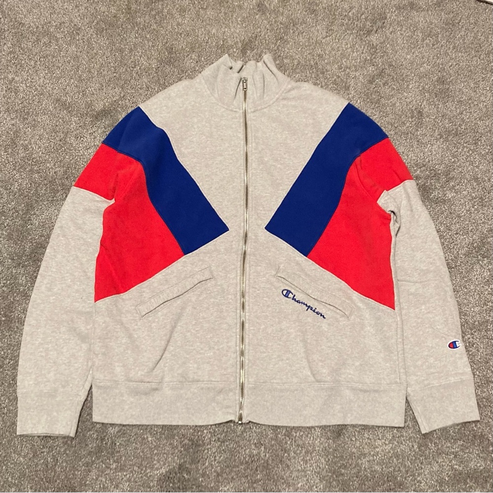 Champion Gray Zip-Up Sweatshirt with Red & Blue Panels